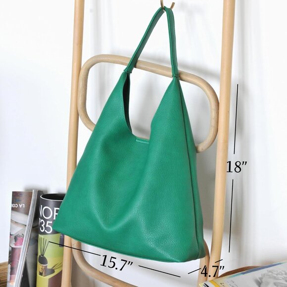 Women Green Imported PU Polyester Leather Hobo Soft Vegan Shoulder Tote Bags - Picture 4 of 6